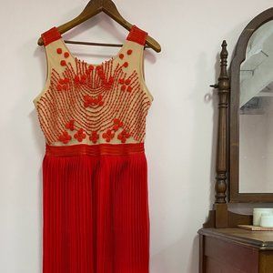 Anthropologie Dress Rina Dhaka embroidered and pleated red maxi dress